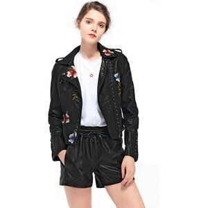 Women Black Floral Embroidered Faux Leather Jacket PU Coat Stylish Outerwear